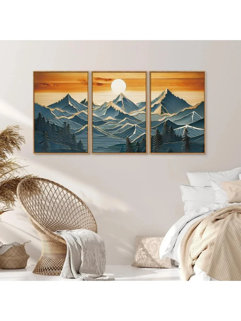 Large Framed Canvas Wall Art Set of 3 - Boho Nature & Sunset Landscape Decor